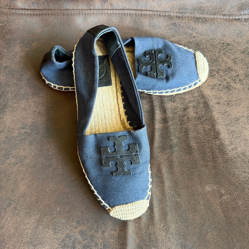 Tory Burch Navy Espadrille Flats with Logo